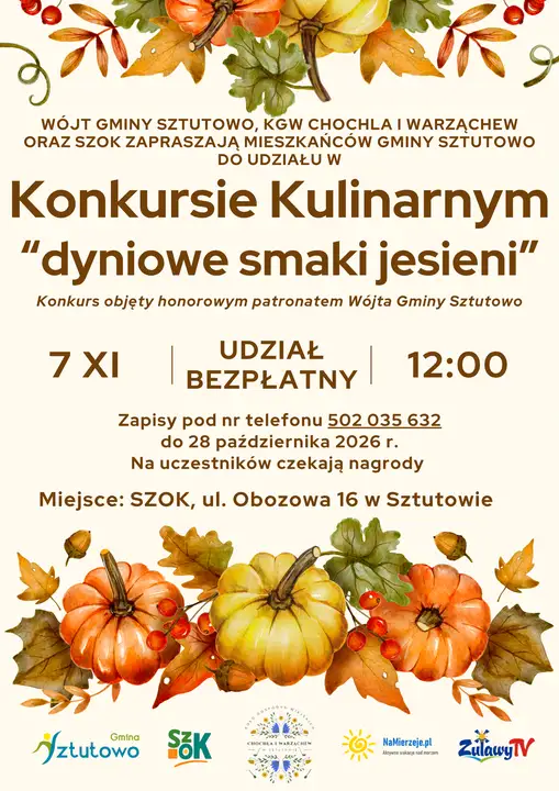 Konkurs kulinarny „Dyniowe smaki jesieni” w Sztutowie – zapisy do 28 października