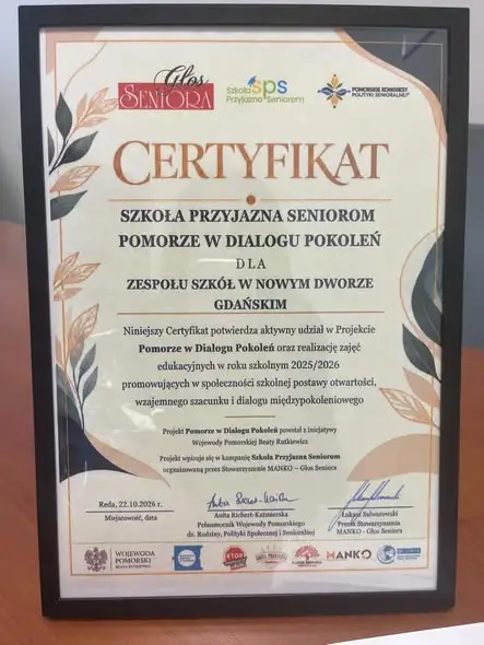 Zespół Szkół ze Szkołą Przyjazną Seniorom – certyfikat za dialog międzypokoleniowy